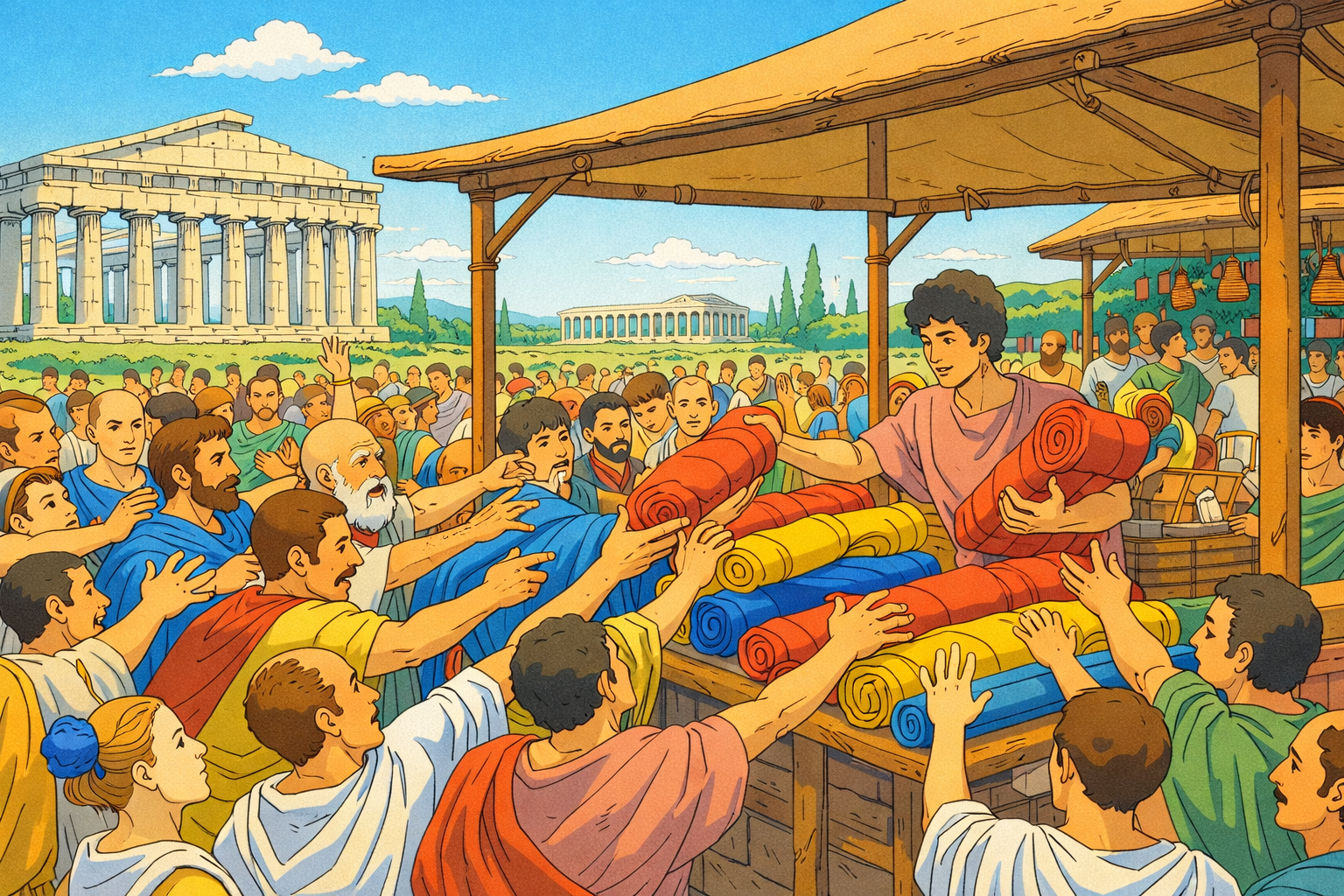 A bustling Roman market scene with a temple in the background, representing traditional commerce.