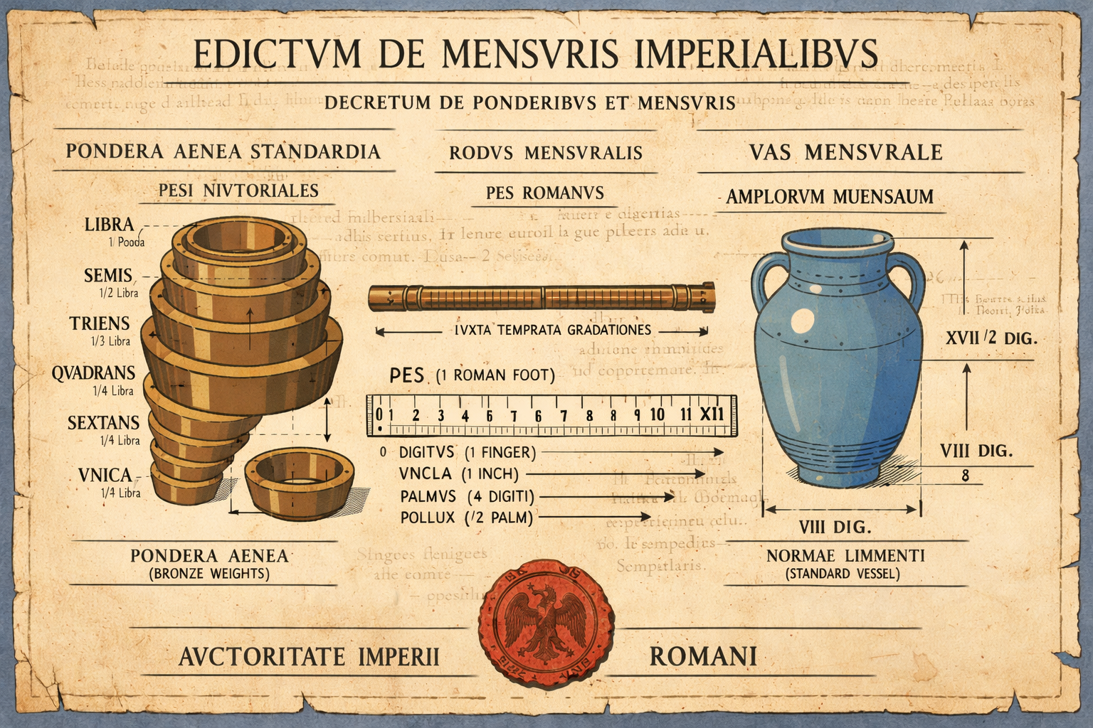A detailed schematic of Imperial standard measurements including weights, lengths, and volumes.