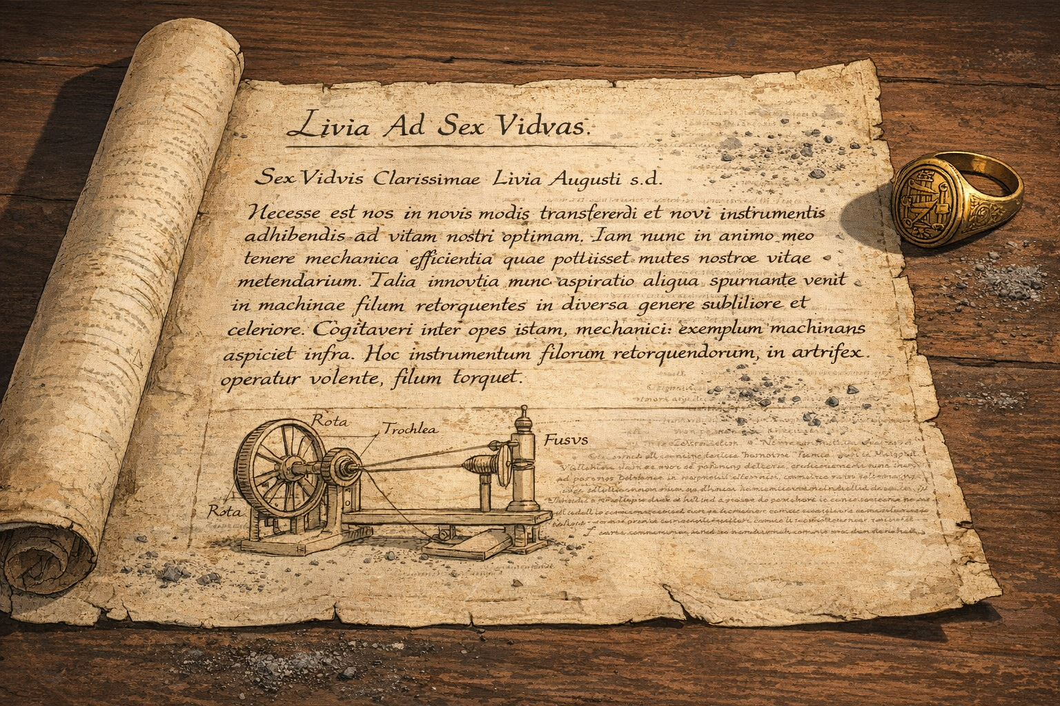A Roman scroll titled 'Livia Ad Sex Viduas' with a gold signet ring and a diagram of a spinning wheel.