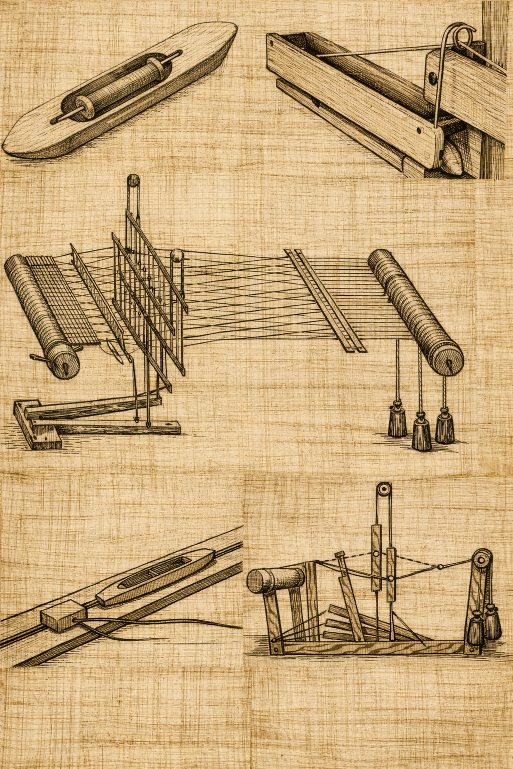 A complex horizontal mechanical loom.