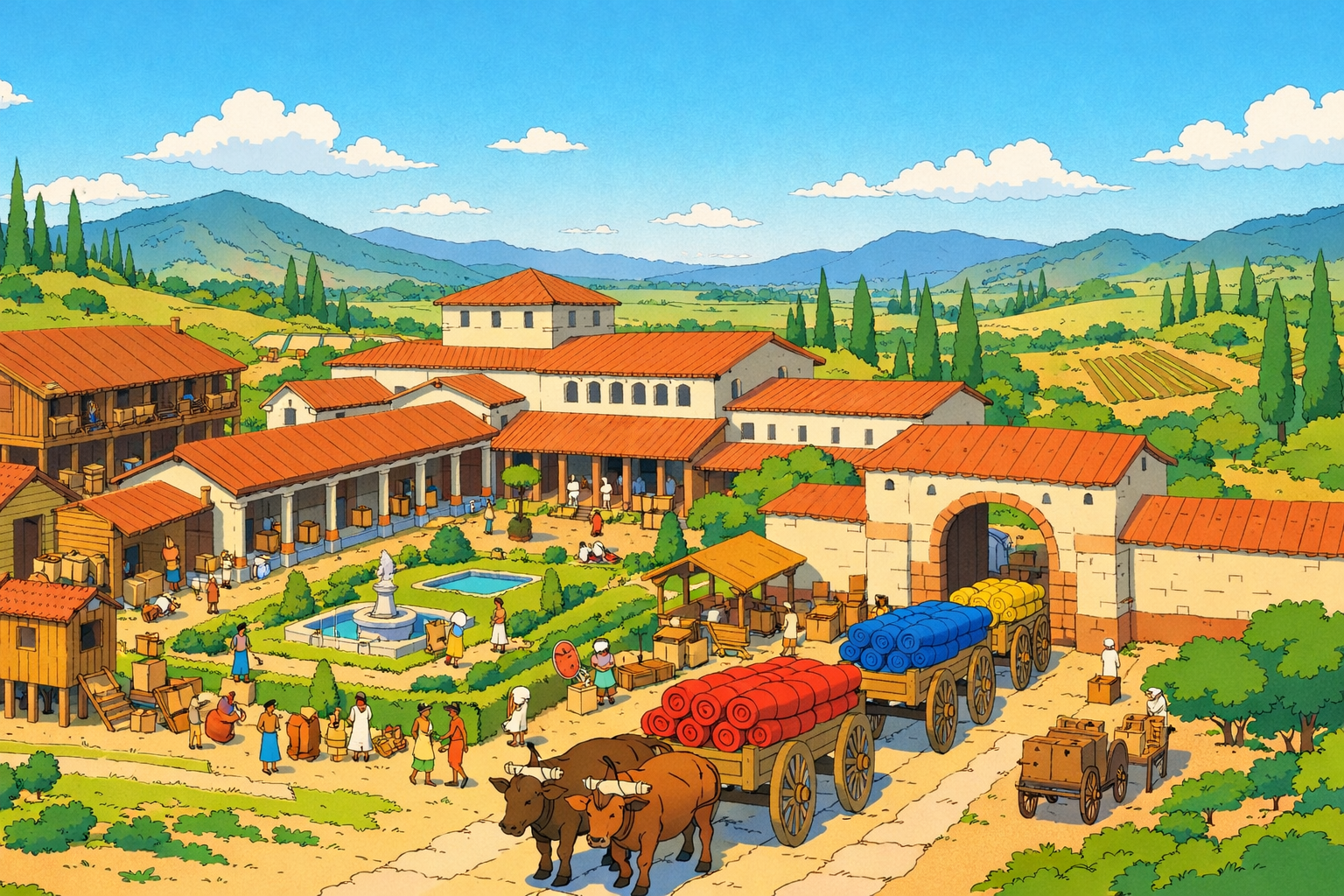 A sprawling Roman villa complex with bustling courtyards and ox-drawn carts laden with colorful wool.