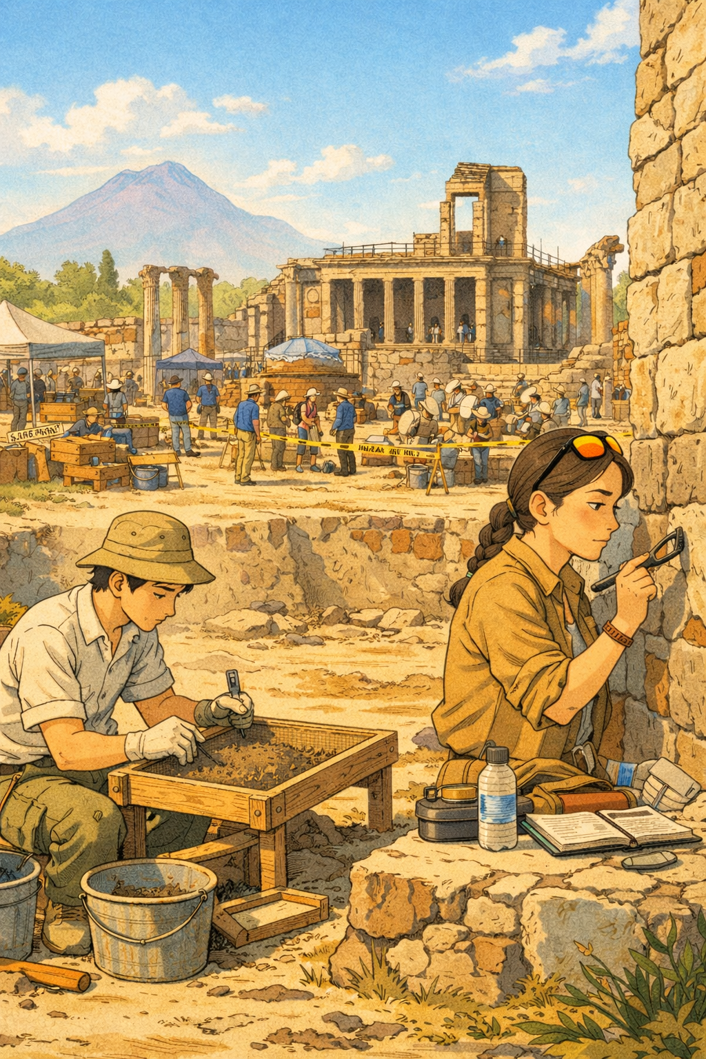 Archaeologists working at the Pompeii excavation site with ruins and Mt. Vesuvius in the background.