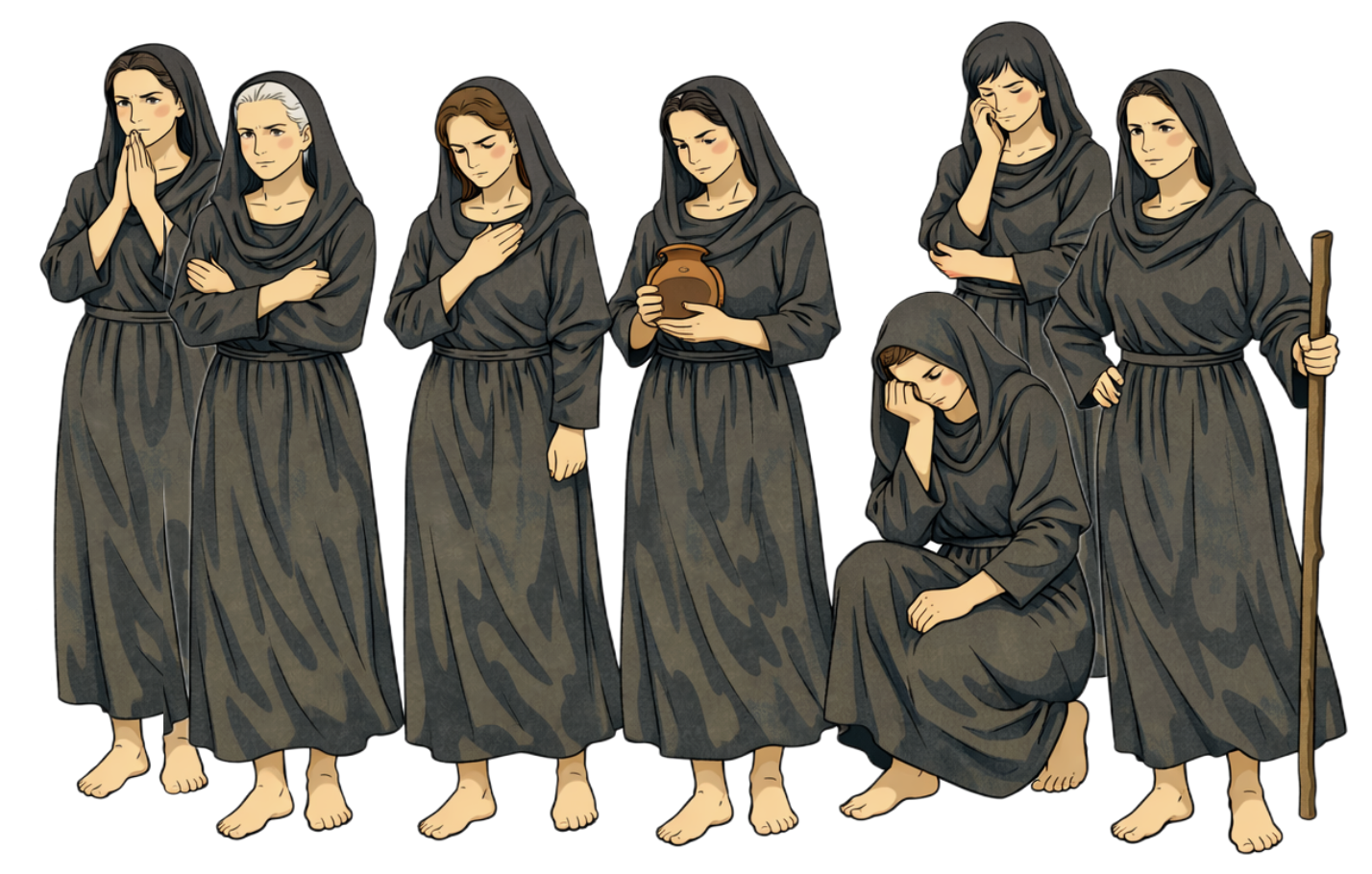 A group of seven Roman women in black mourning tunics and veils, representing the Seven Widows coalition.