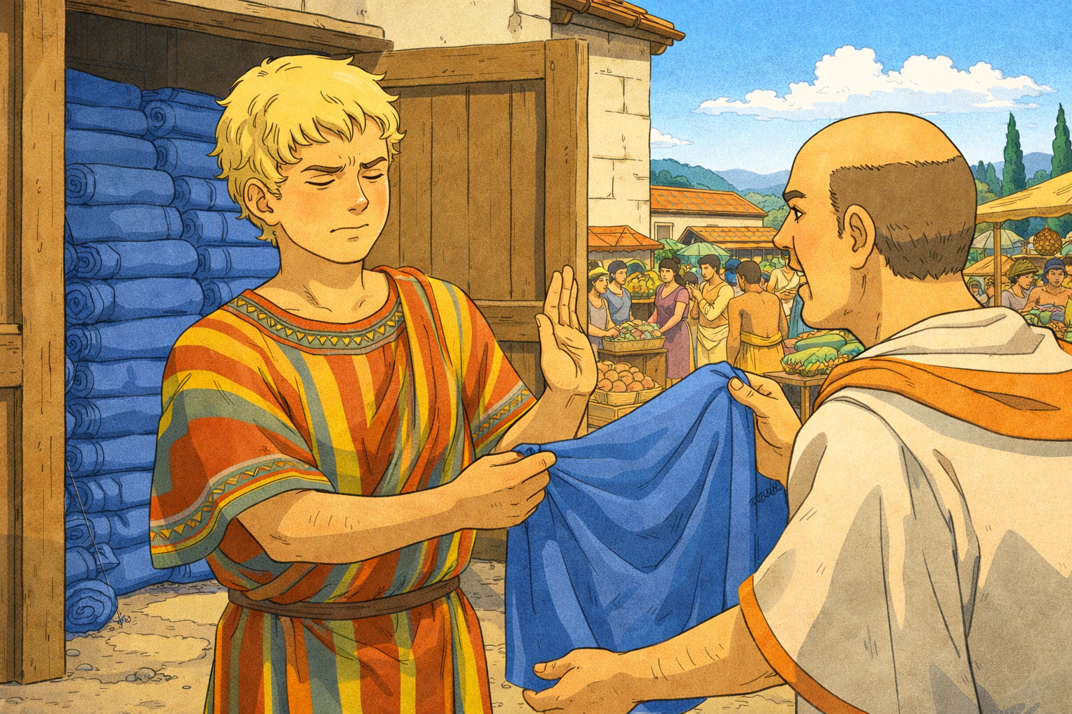 A sunny Roman market where a merchant rejects more cloth from a Picentian agent, with a warehouse full of blue fabric behind him.