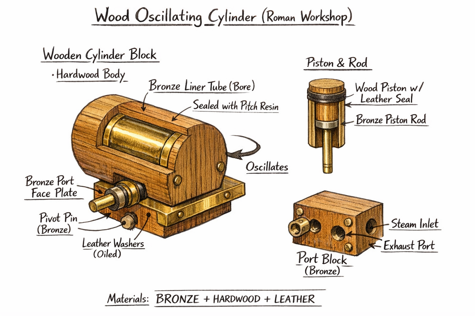 A schematic of the oscillating-cylinder steam engine.