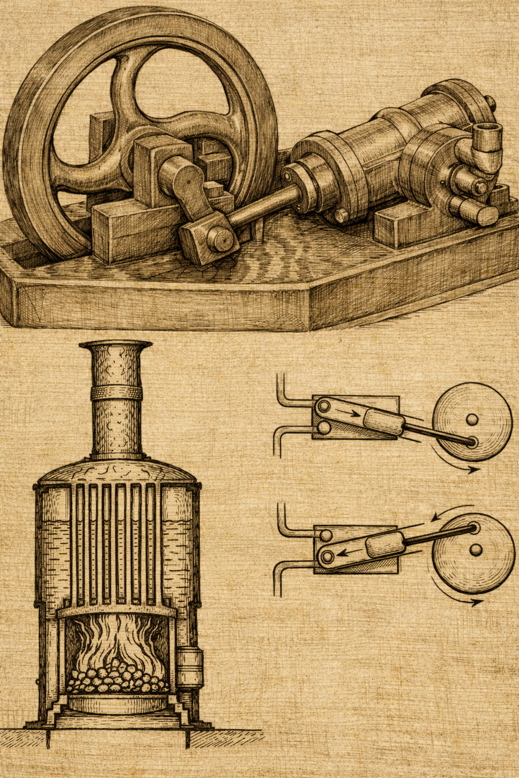 A Roman engineering diagram showing the internal components of a steam engine cylinder and port face.